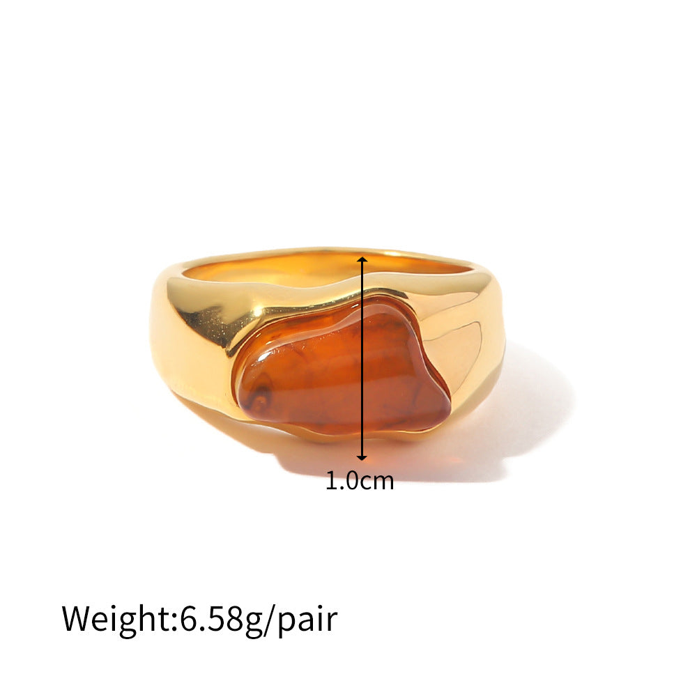18K gold natural stone ring – Brown stone, titanium steel with PVD gold plating, MINIMAL