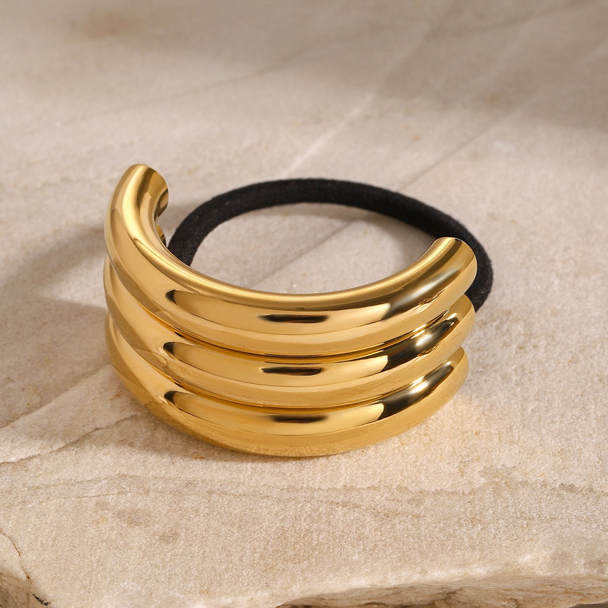 18K gold three-layer C-shaped hair clip, concave-convex sculptural design, titanium steel with PVD gold plating, MINIMAL
