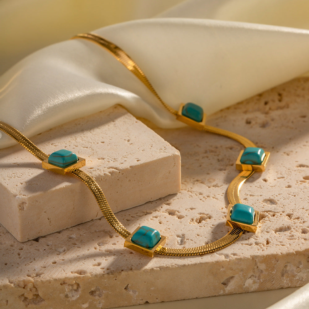 18K gold square blue malachite necklace, five square malachite stones on gold chain, titanium steel with PVD gold plating, MINIMAL
