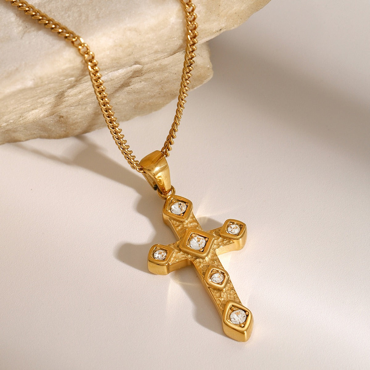 18K gold diamond cross pendant necklace, VVS1+ diamond inlays on classic cross form, titanium steel with PVD gold plating, MINIMAL