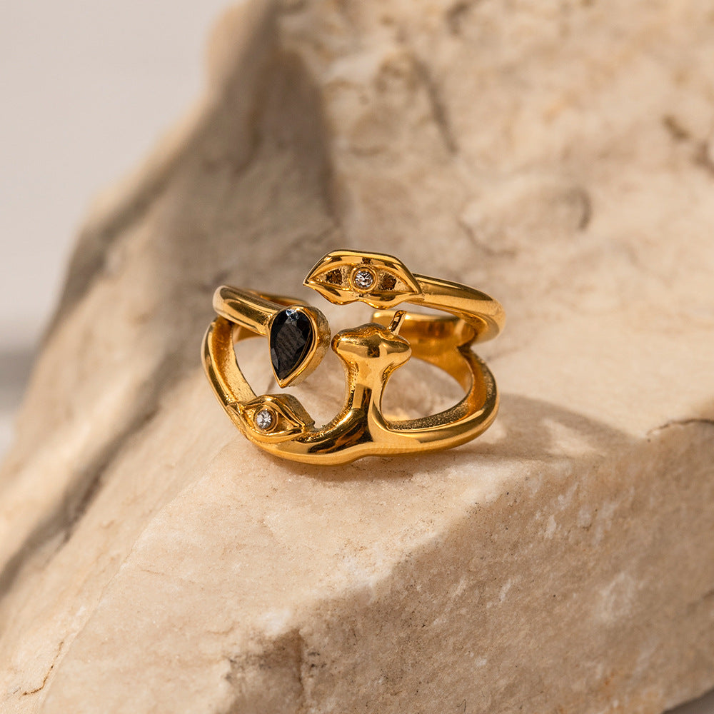 18K gold geometric gemstone ring – Gold finish, geometric setting with gemstone inlay, adjustable open band, titanium steel with PVD gold plating, MINIMAL