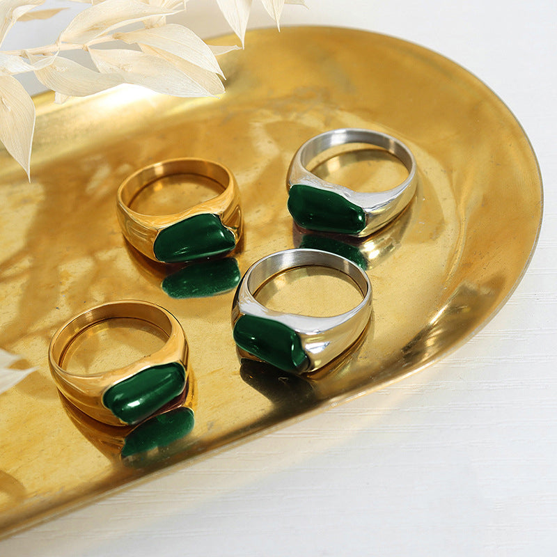 18K gold irregular emerald ring – Gold and Silver finish, irregular emerald gemstone inlay, titanium steel with PVD gold plating, MINIMAL