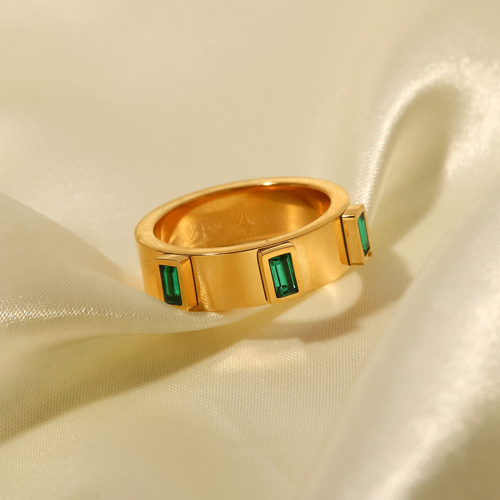 18K gold green baguette zircon ring, rectangular baguette-cut green zircon inlay, titanium steel with PVD gold plating, MINIMAL