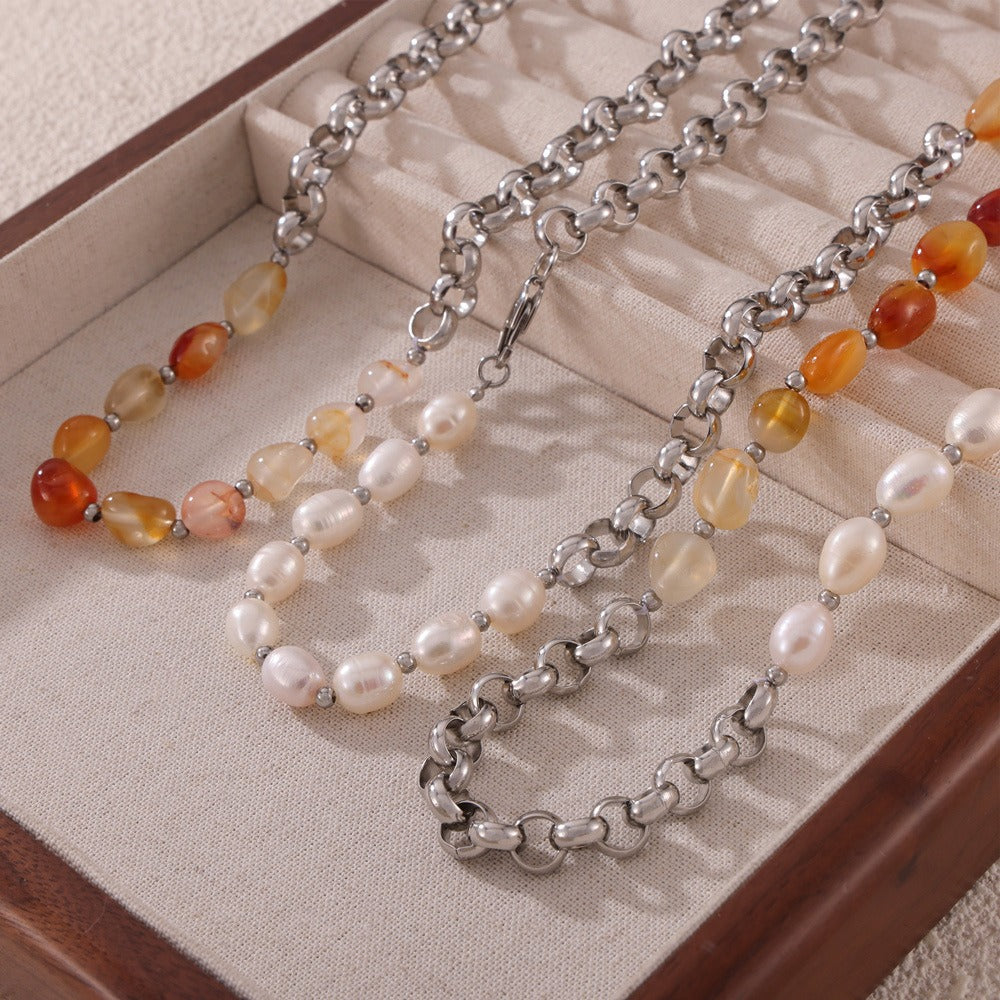18K gold gemstone and pearl beaded necklace, alternating gemstone and pearl bead arrangement, 45cm, titanium steel with PVD gold plating, MINIMAL