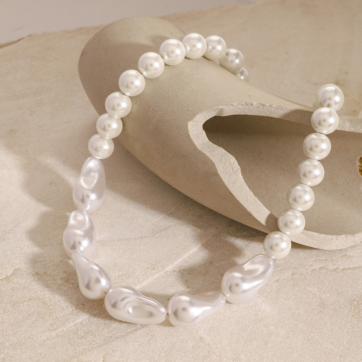 18K gold pearl beaded necklace, uniform pearl beads with irregular pearl accents on gold chain, titanium steel with PVD gold plating, MINIMAL