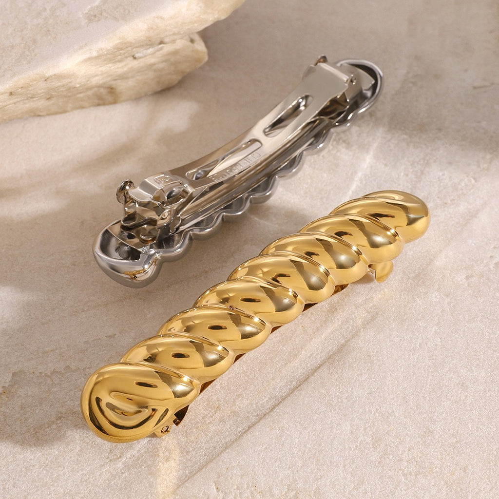Gold: 18K gold rope-pattern long strip hair clip – Silver and Gold finish, titanium steel with PVD gold plating, MINIMAL