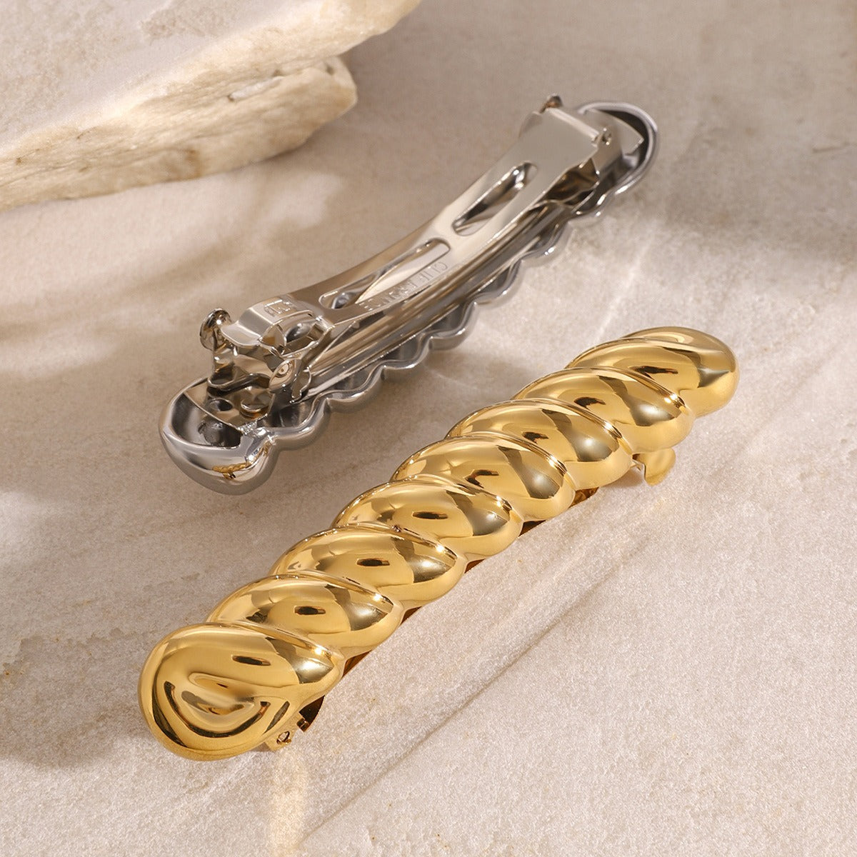 Gold: 18K gold rope-pattern long strip hair clip – Silver and Gold finish, titanium steel with PVD gold plating, MINIMAL