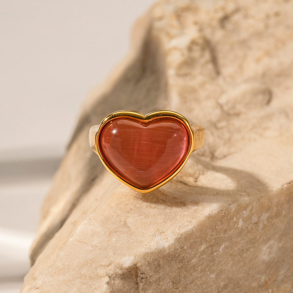 18K gold heart cat's eye ring, heart-shaped setting with cat's eye stone inlay, titanium steel with PVD gold plating, MINIMAL