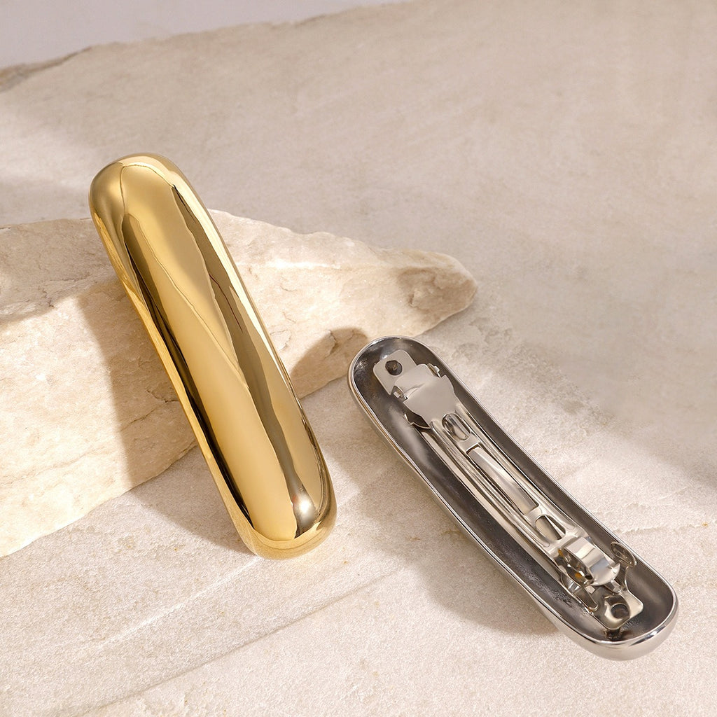 18K gold oval geometric hair pin worn in hair, minimalist single-line design, MINIMAL