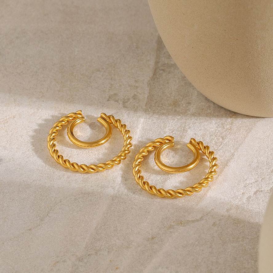 18K gold double-layer coil earrings with twisted pattern — front view, stainless steel gold plated, MINIMAL Jeweler