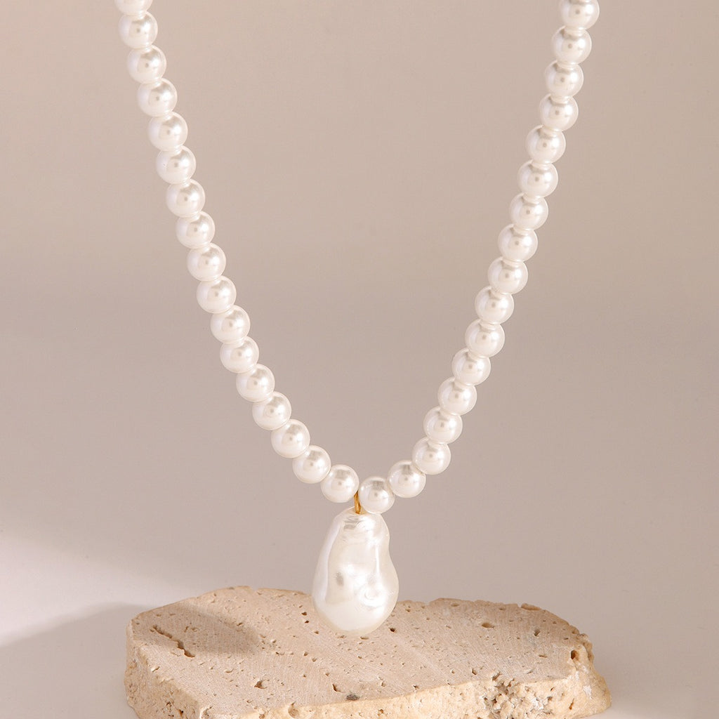 18K gold pearl bead chain necklace with irregular pearl pendant, natural pearl contrast design, titanium steel with PVD gold plating, MINIMAL