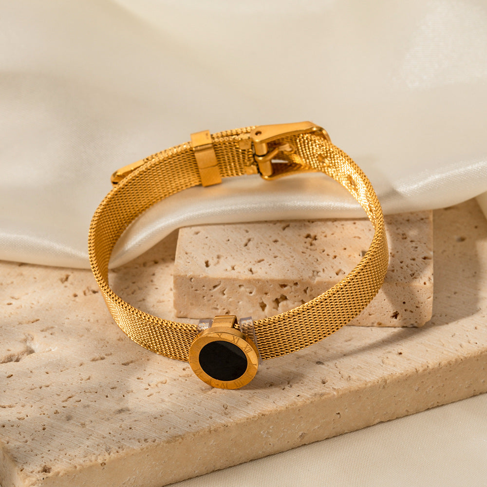  18K gold Roman numeral bracelet styled on wrist, retro personality design — MINIMAL