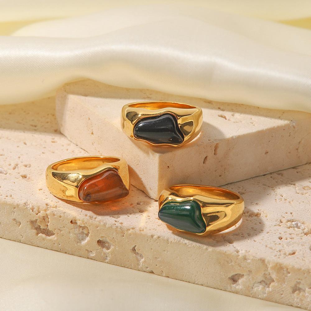 18K gold natural stone ring – Green, Black and Brown stone, titanium steel with PVD gold plating, MINIMAL