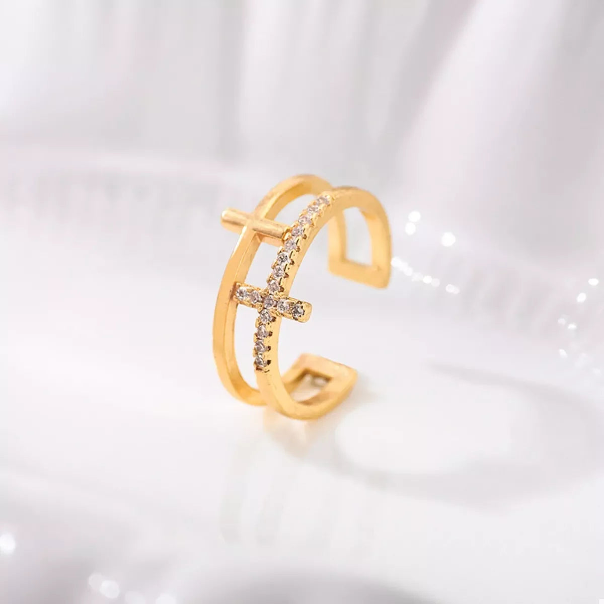 18K Gold-Plated Rhinestone Cross Open Ring - Premium Minimalist Jewelry - MINIMAL