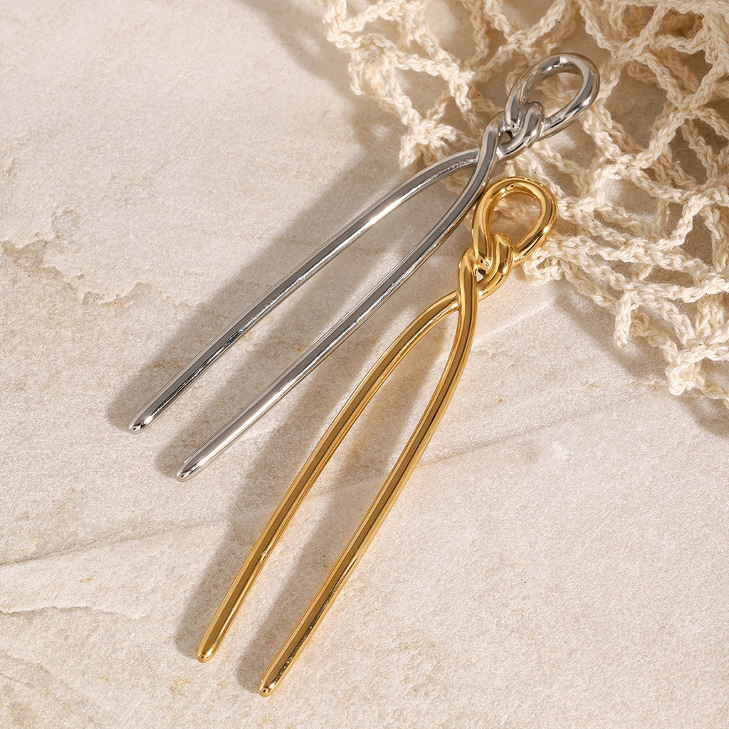 18K gold geometric knot hair pin detail view, titanium steel with PVD plating, MINIMAL