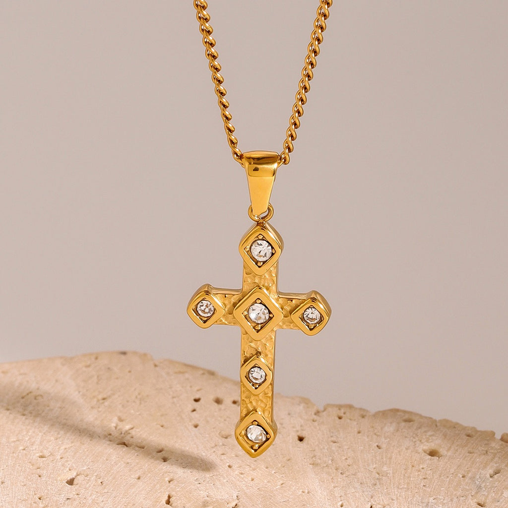 18K gold diamond cross pendant necklace, VVS1+ diamond inlays on classic cross form, titanium steel with PVD gold plating, MINIMAL