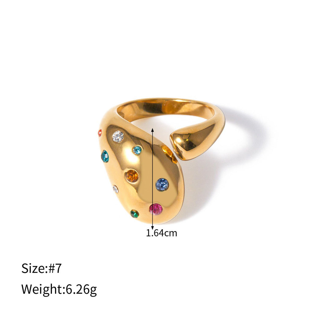 18K gold geometric diamond open ring – Color stone, adjustable open band, titanium steel with PVD gold plating, MINIMAL