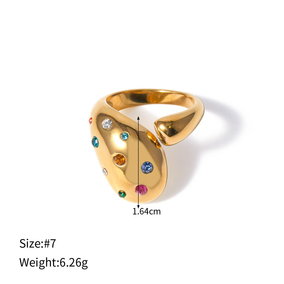 18K gold geometric diamond open ring – Color stone, adjustable open band, titanium steel with PVD gold plating, MINIMAL