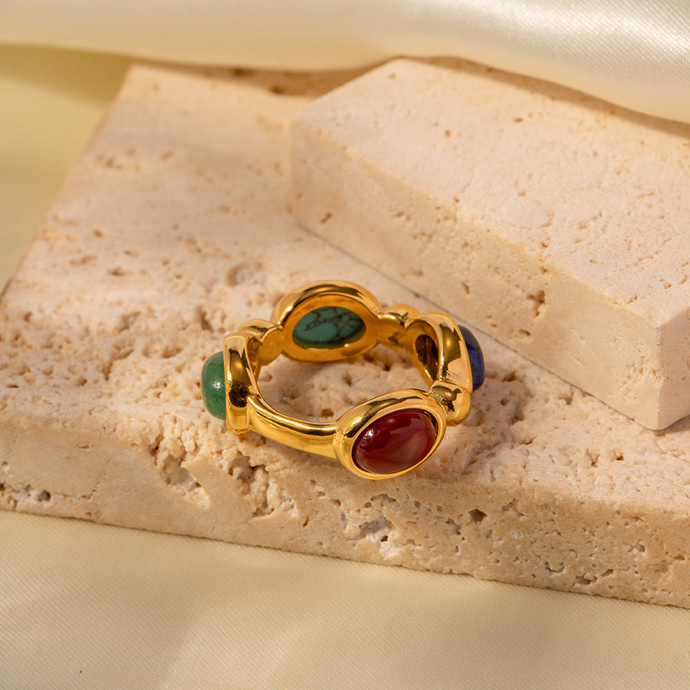 18K gold natural stone ring, geometric round setting with natural stone inlay, titanium steel with PVD gold plating, MINIMAL