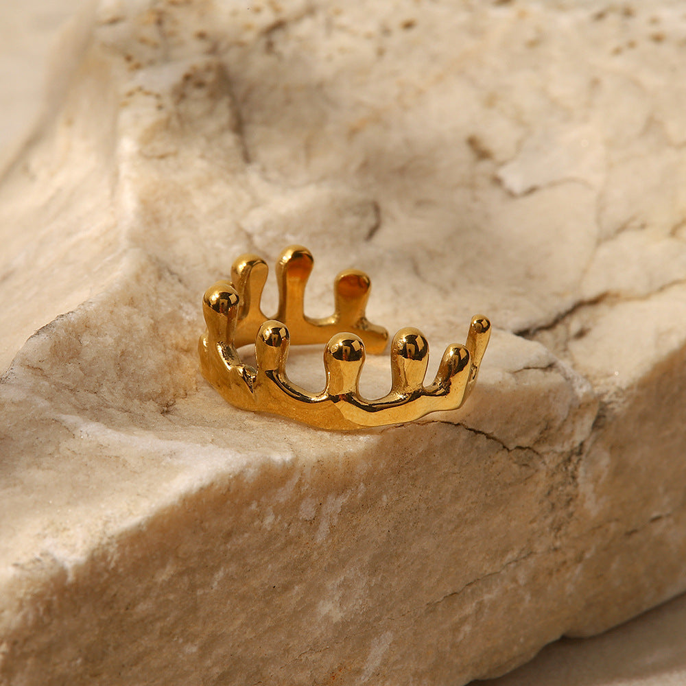 18K gold crown-inspired open geometric ring, irregular architectural silhouette, adjustable open band, titanium steel with PVD gold plating, MINIMAL
