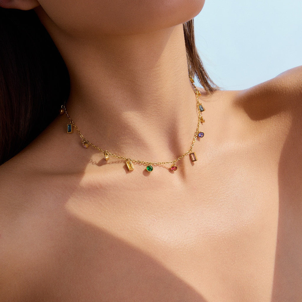 18K gold geometric gemstone pendant necklace, round and square zircon stones in alternating arrangement, titanium steel with PVD gold plating, MINIMAL