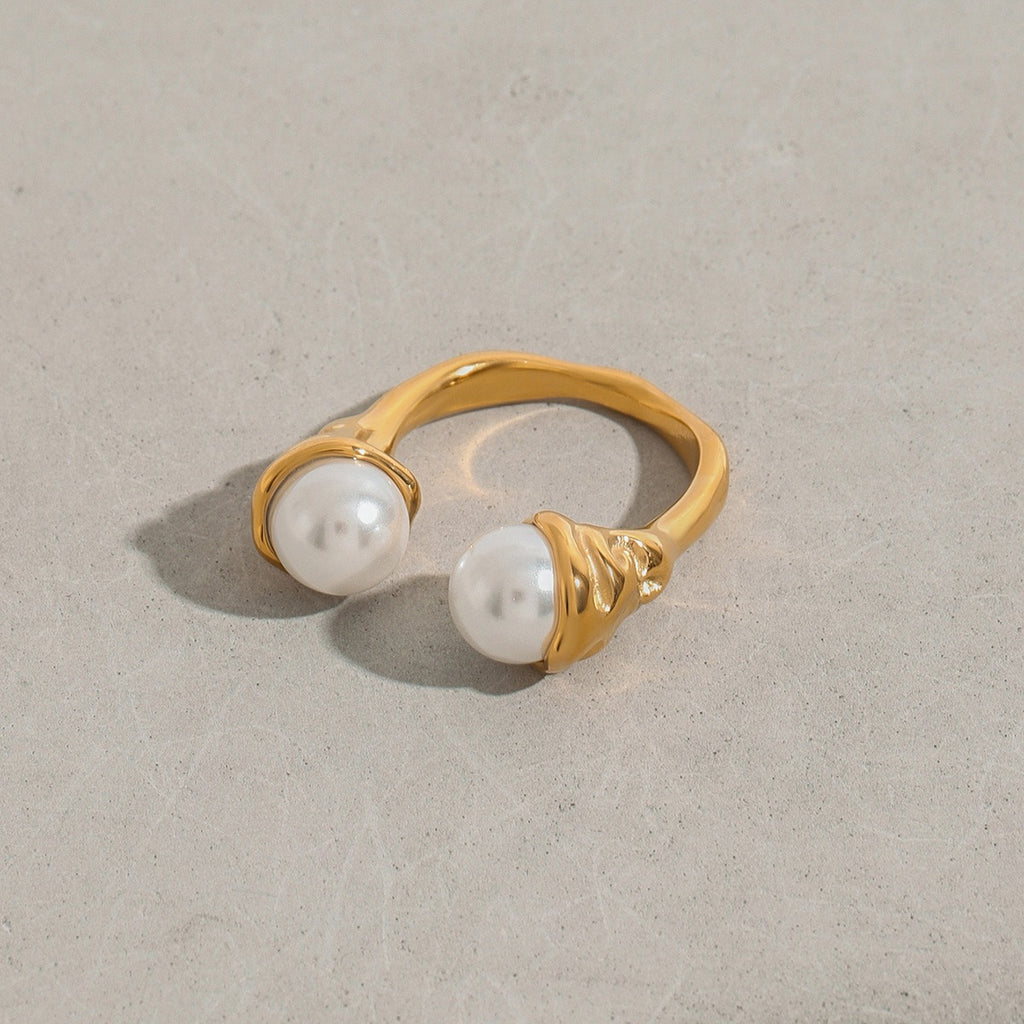 18K gold double pearl open ring, adjustable open band with pearl tips at each end, titanium steel with PVD gold plating, MINIMAL