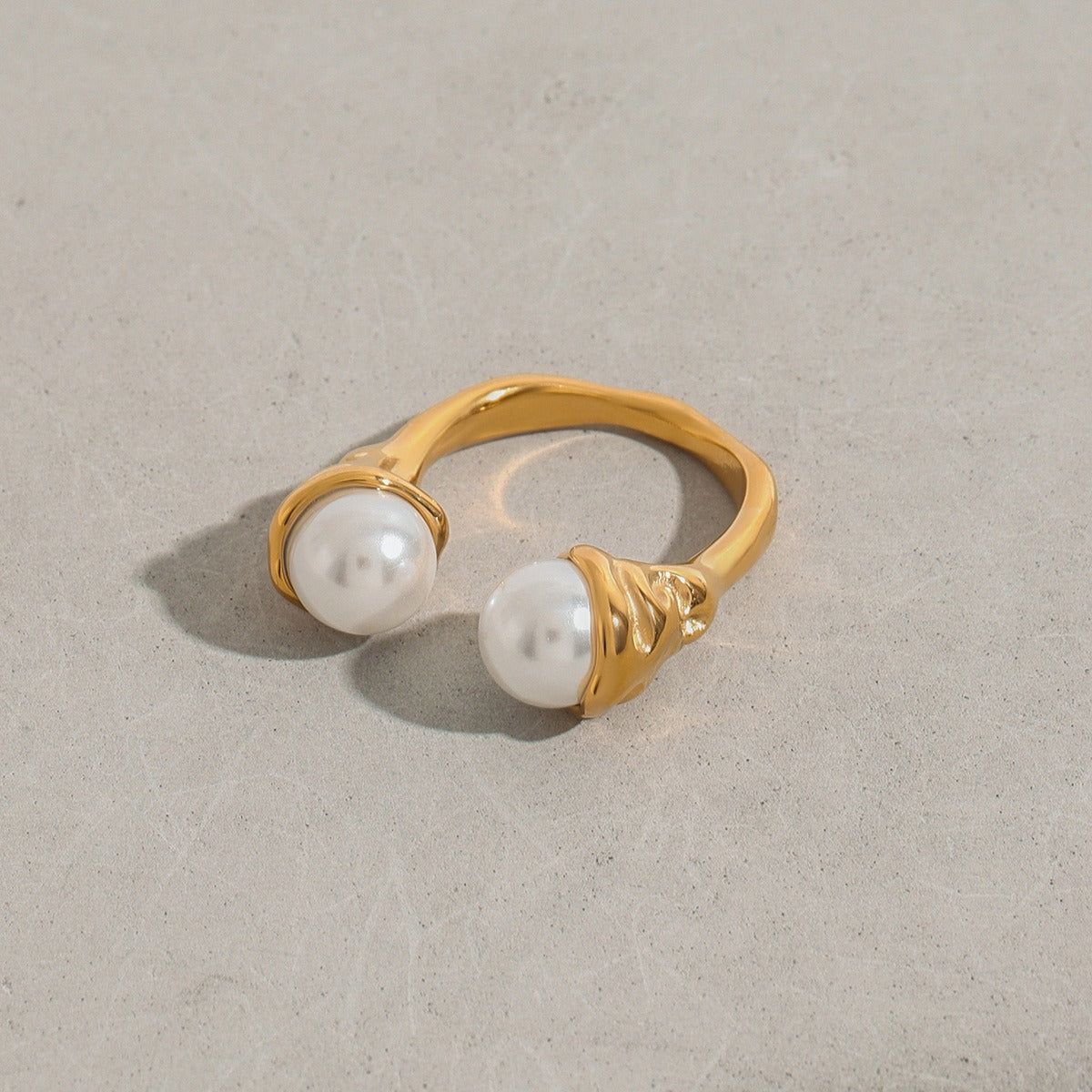18K gold double pearl open ring, adjustable open band with pearl tips at each end, titanium steel with PVD gold plating, MINIMAL
