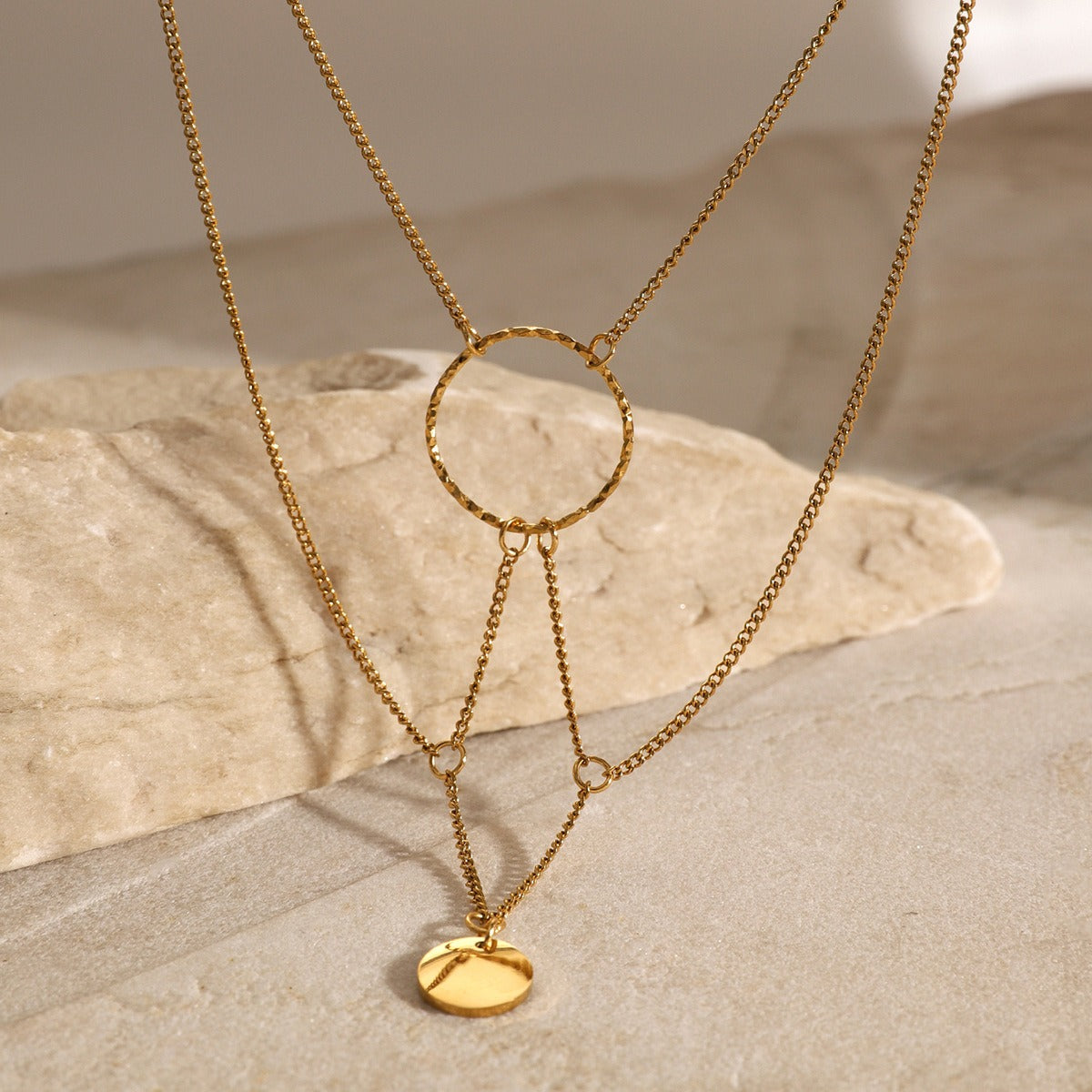 18K gold multi-layer chain necklace with round pendant, interwoven layered chains with 1cm round pendant, titanium steel with PVD gold plating, MINIMAL