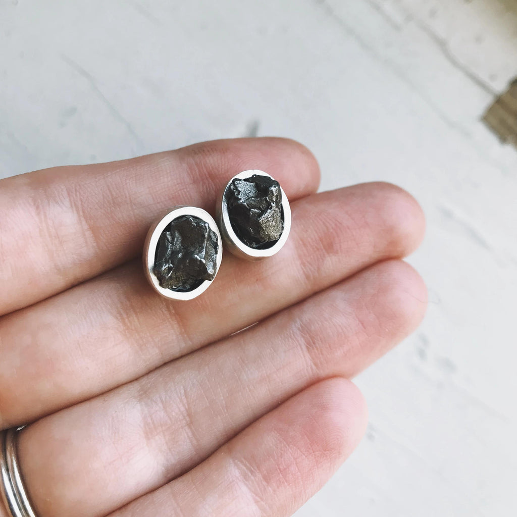 Oval Raw Meteorite Small Stud Earrings.