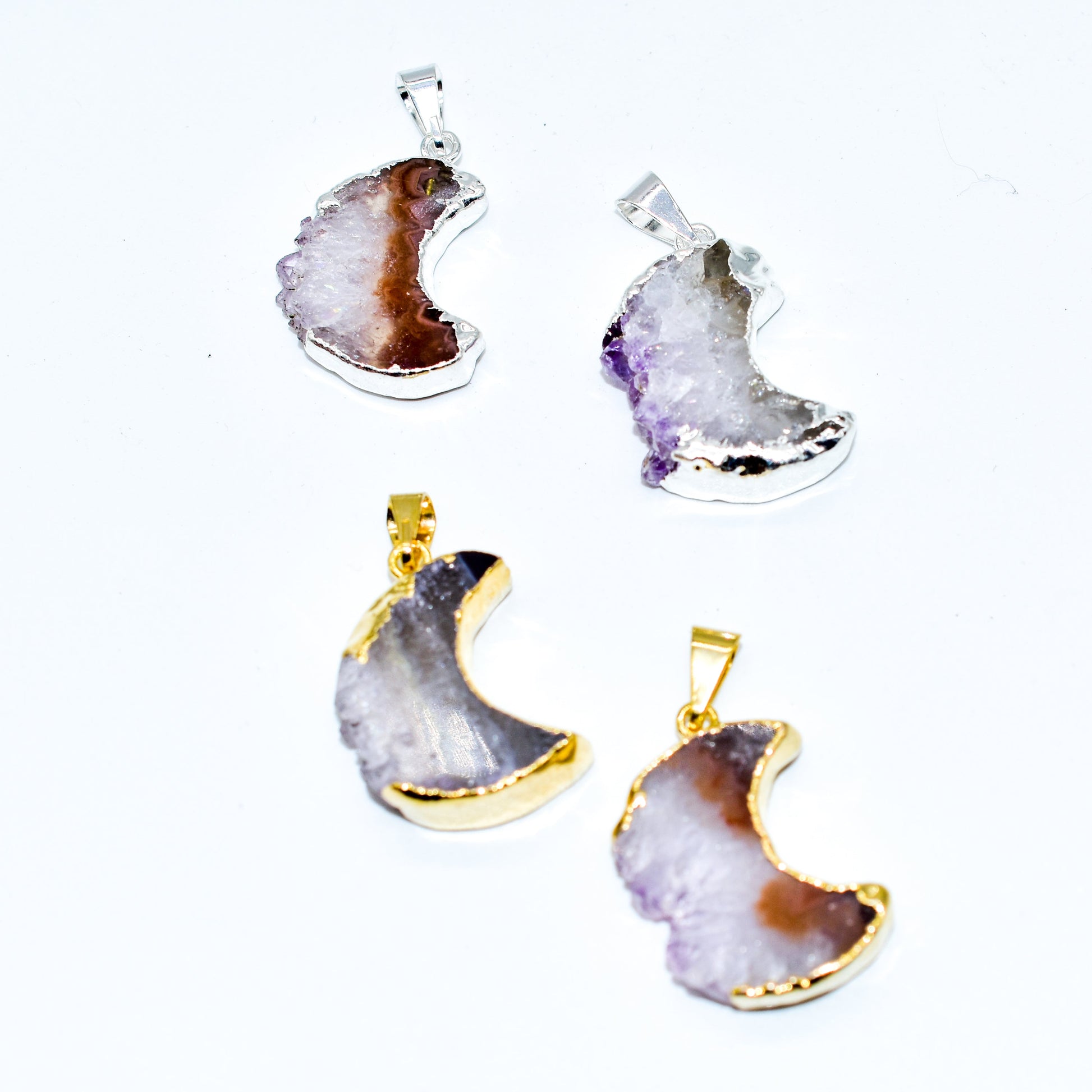 Mini Amethyst Slice Plated Moon Pendant or Necklace.