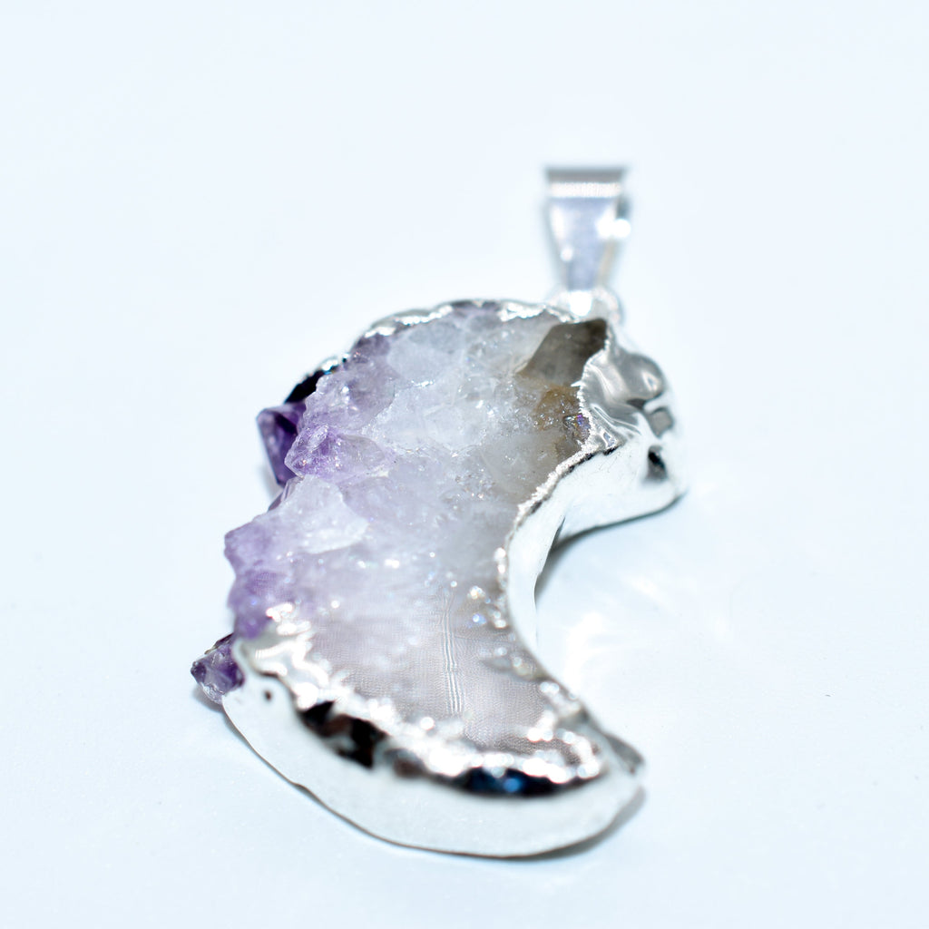 Mini Amethyst Slice Plated Moon Pendant or Necklace.