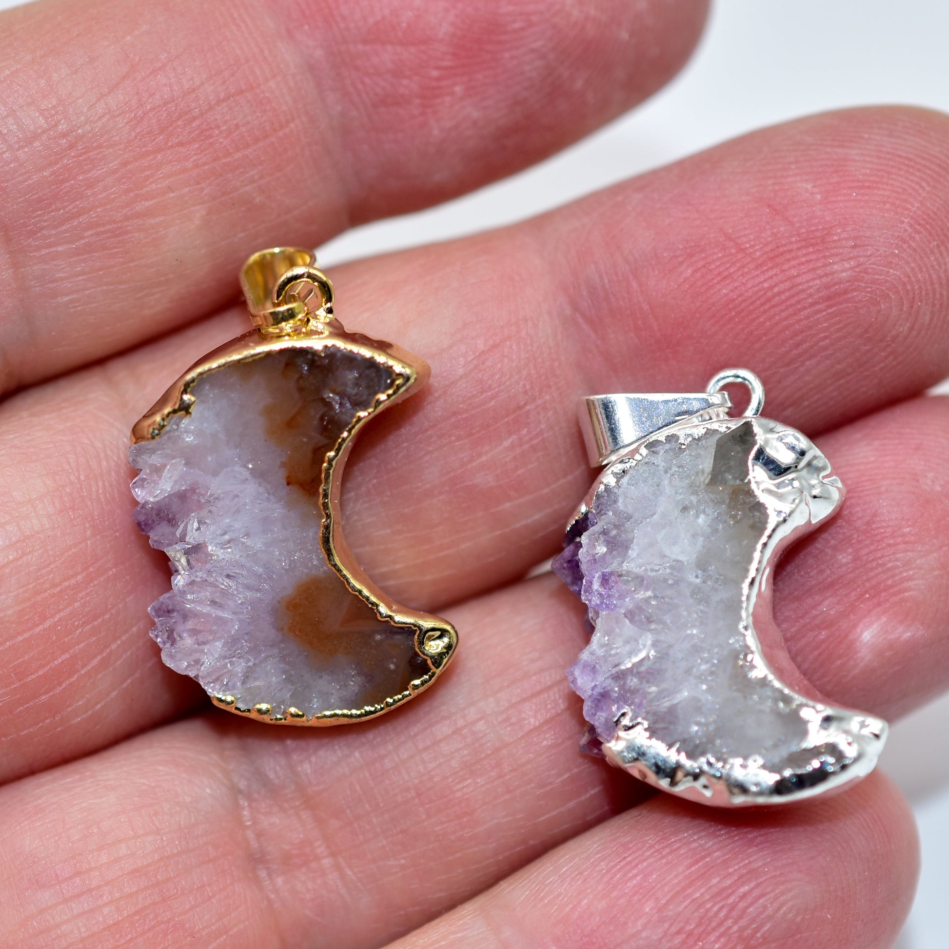 Mini Amethyst Slice Plated Moon Pendant or Necklace.