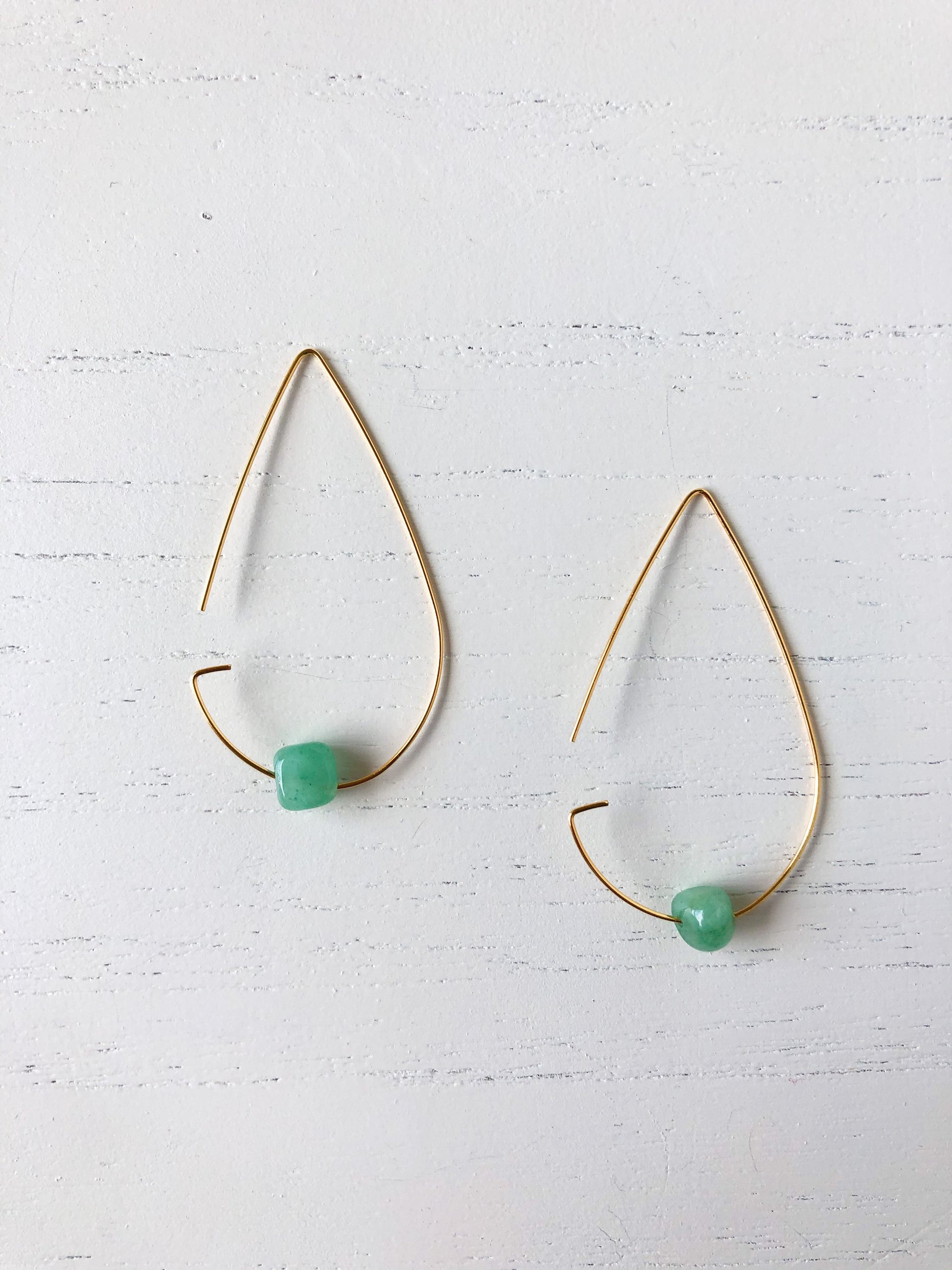 Brass Tear Drop Threader Earrings - Jade.