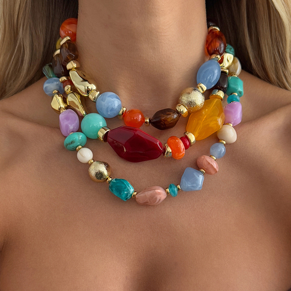 Colorful resin bead necklace – Style 7762, bohemian layered resin bead necklace, MINIMAL