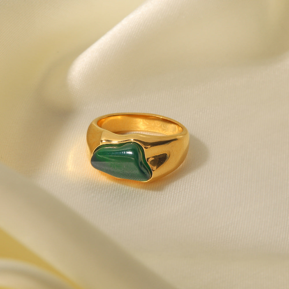 18K gold natural stone ring – Green stone, titanium steel with PVD gold plating, MINIMAL