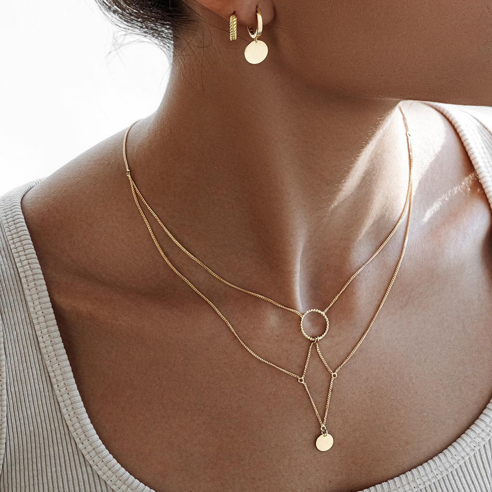 18K gold multi-layer chain necklace with round pendant, interwoven layered chains with 1cm round pendant, titanium steel with PVD gold plating, MINIMAL