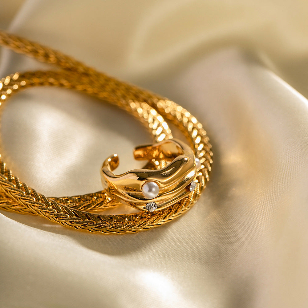 18K gold C-shaped pearl open ring, adjustable arc silhouette with center pearl inlay, titanium steel with PVD gold plating, MINIMAL
