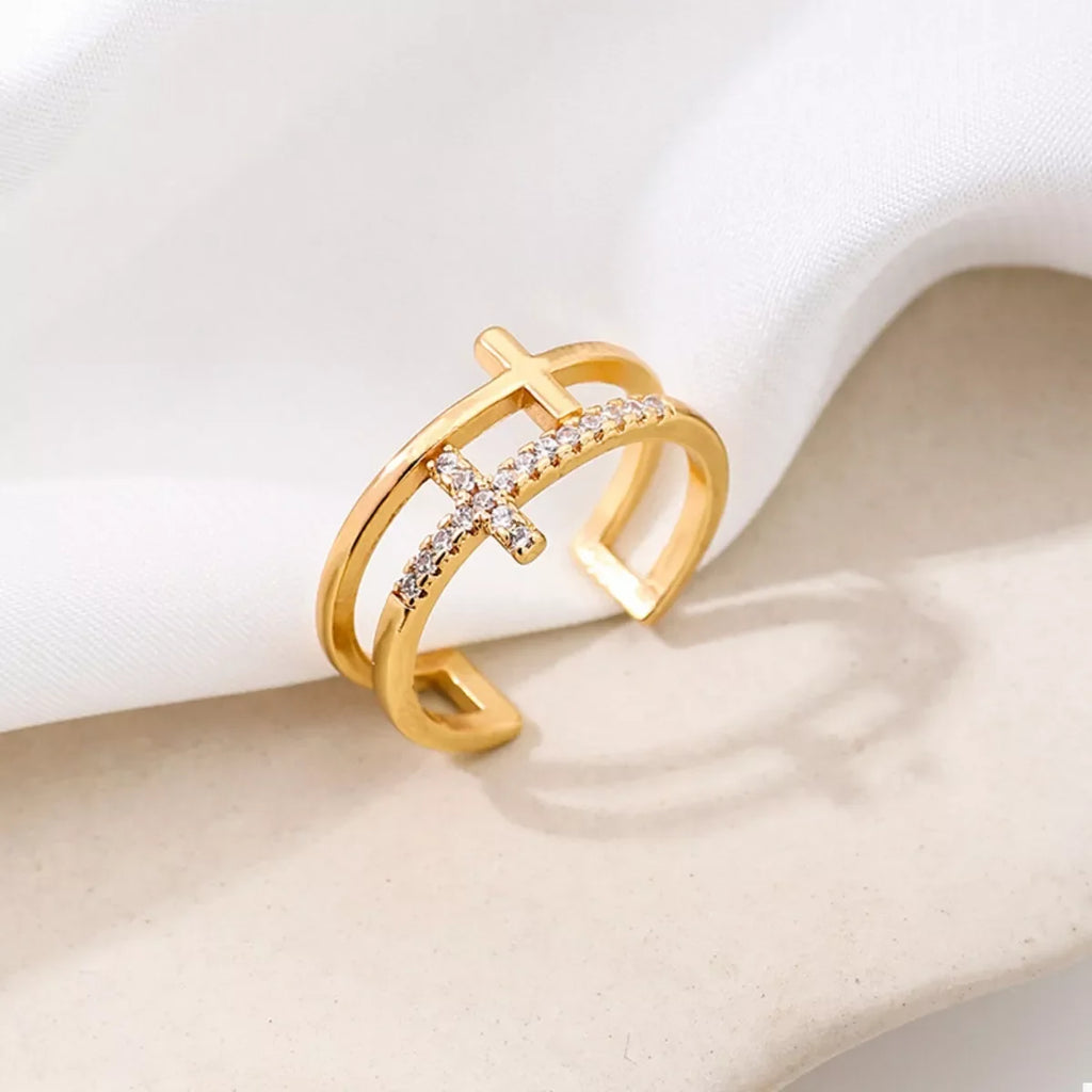 18K Gold-Plated Rhinestone Cross Open Ring - Premium Minimalist Jewelry - MINIMAL