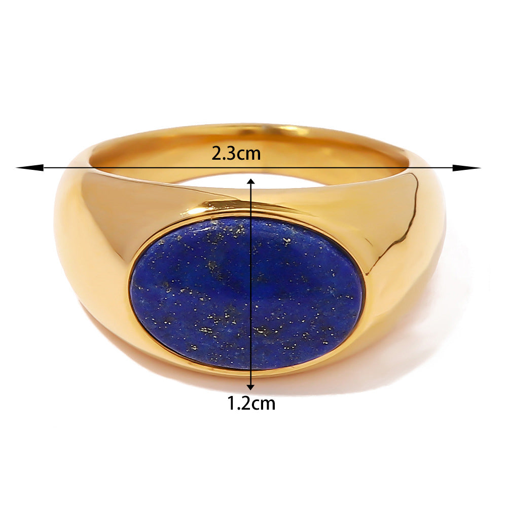 18K gold oval chrysoprase ring – Blue stone, natural chrysoprase inlay, titanium steel with PVD gold plating, MINIMAL
