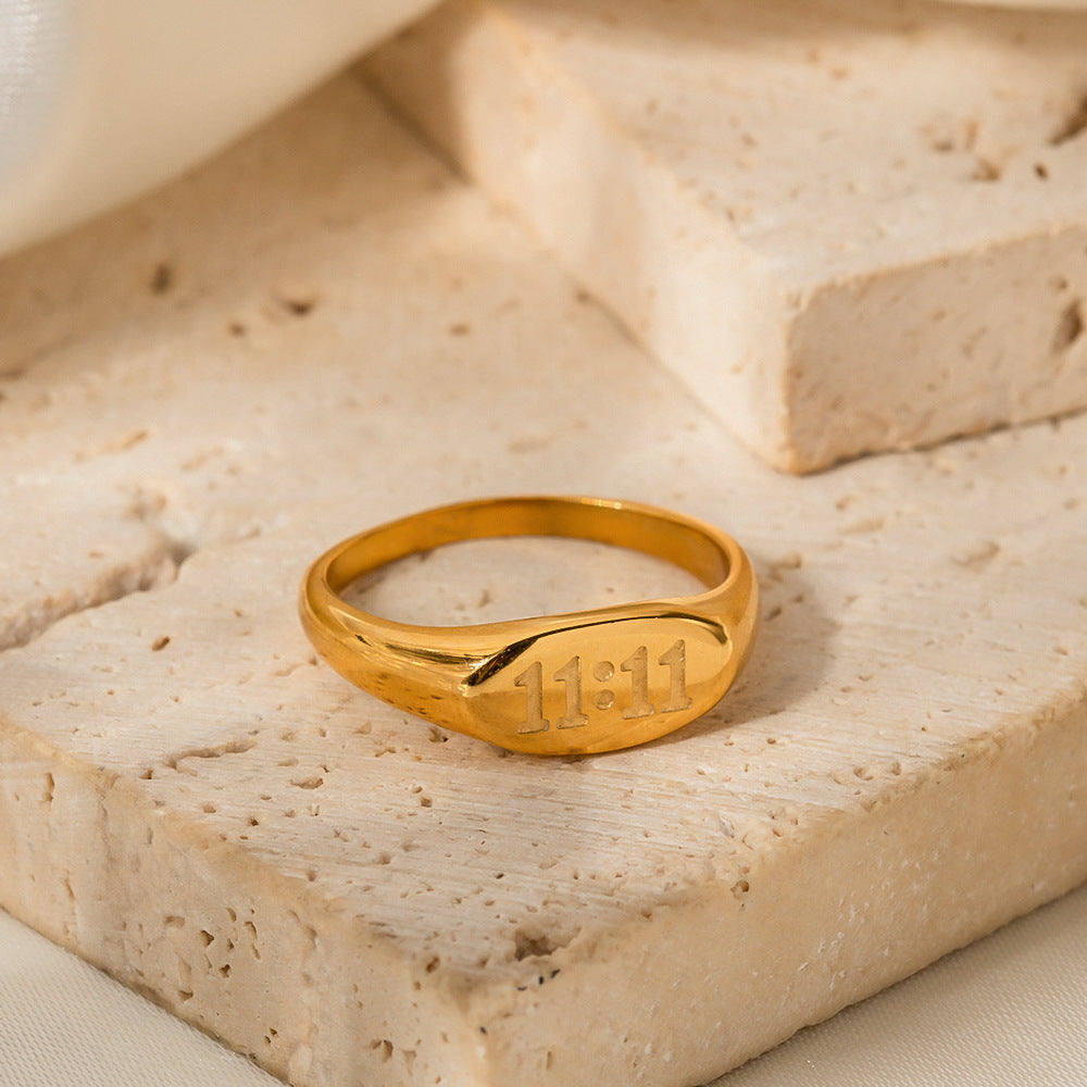 18K gold 11:11 engraved ring, clean band with 11:11 number engraving, titanium steel with PVD gold plating, MINIMAL