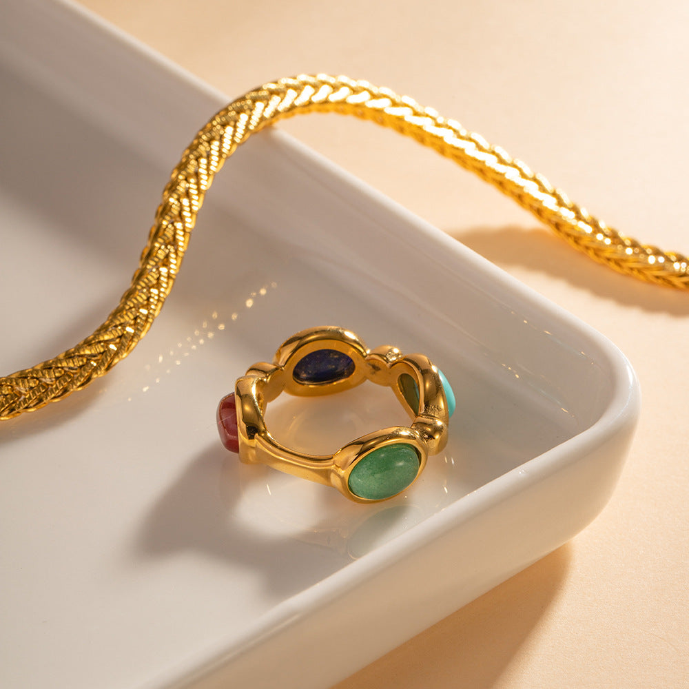 18K gold natural stone ring, geometric round setting with natural stone inlay, titanium steel with PVD gold plating, MINIMAL