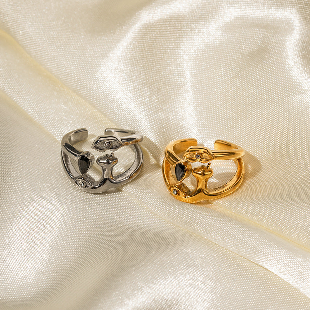 18K gold geometric gemstone ring – Gold and Silver finish, geometric setting with gemstone inlay, adjustable open band, titanium steel with PVD gold plating, MINIMAL