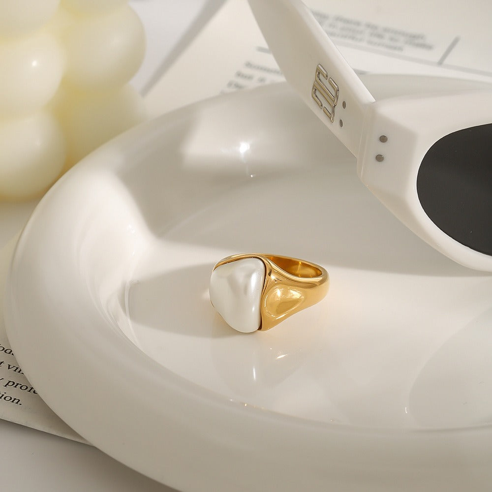 18K gold irregular pearl ring, natural asymmetric pearl inlay, titanium steel with PVD gold plating, MINIMAL