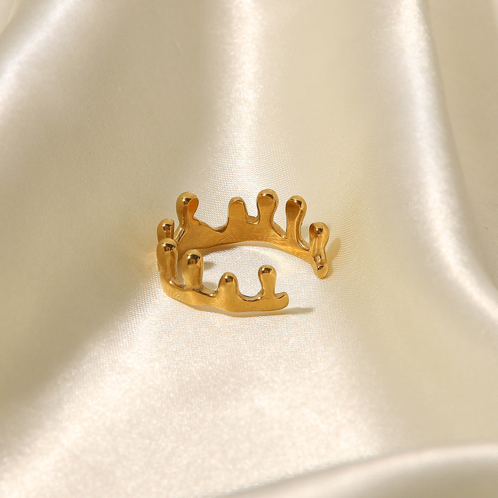 18K gold crown-inspired open geometric ring, irregular architectural silhouette, adjustable open band, titanium steel with PVD gold plating, MINIMAL