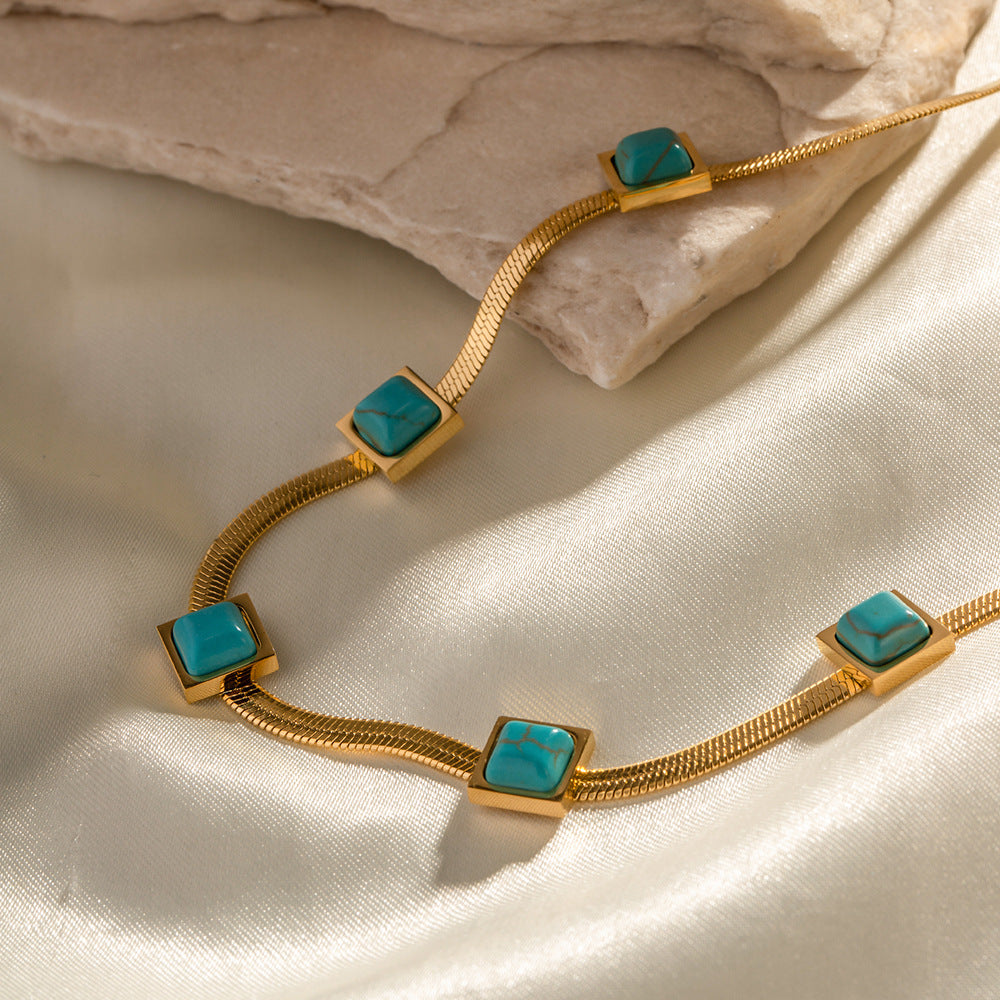 18K gold square blue malachite necklace, five square malachite stones on gold chain, titanium steel with PVD gold plating, MINIMAL
