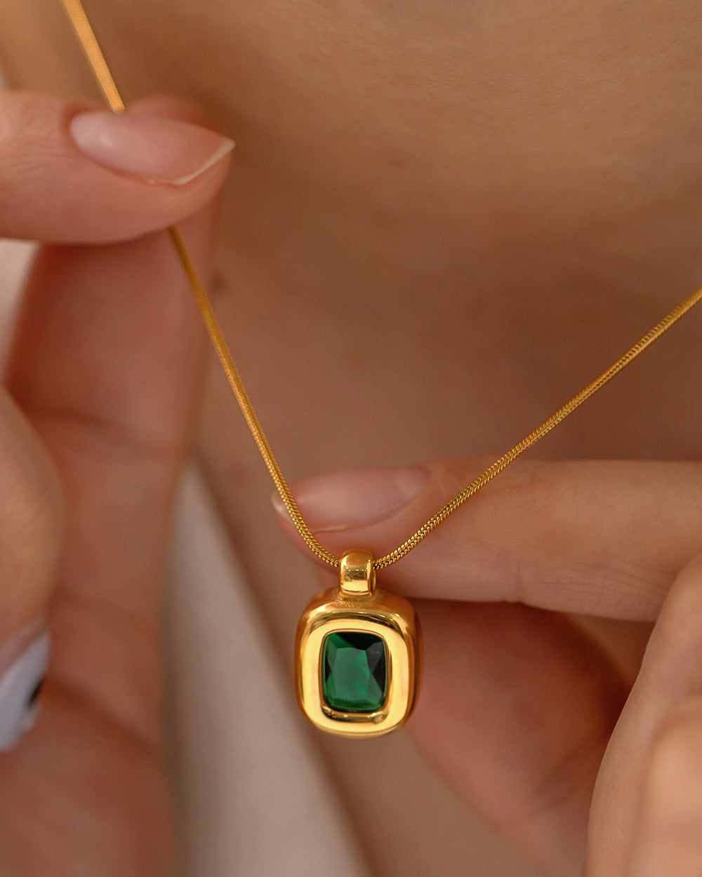 18K gold green zircon pendant necklace, elliptical green zircon on delicate bead chain, titanium steel with PVD gold plating, MINIMAL