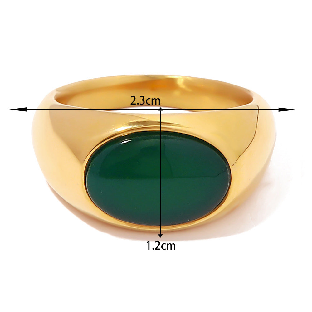 18K gold oval chrysoprase ring – Green stone, natural chrysoprase inlay, titanium steel with PVD gold plating, MINIMAL