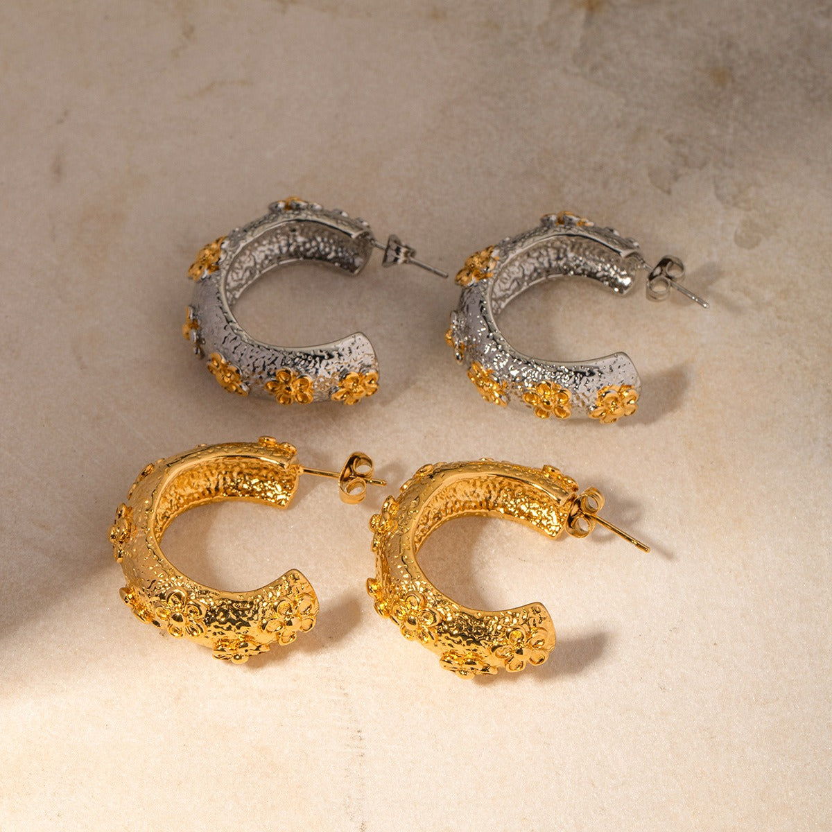 18K gold C-shape hammered flower earrings worn — gold and silver finish options, MINIMAL Jeweler