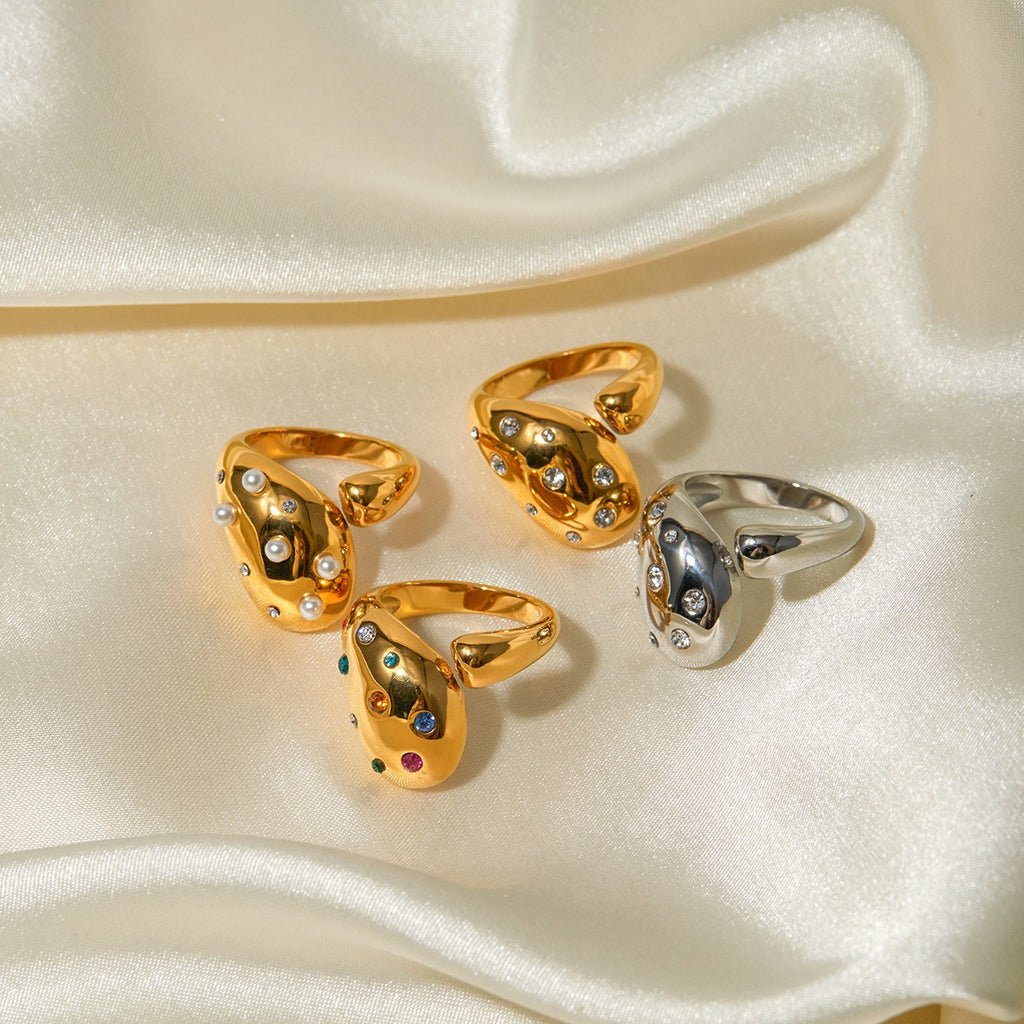 18K gold geometric diamond open ring – Color stone, adjustable open band, titanium steel with PVD gold plating, MINIMAL