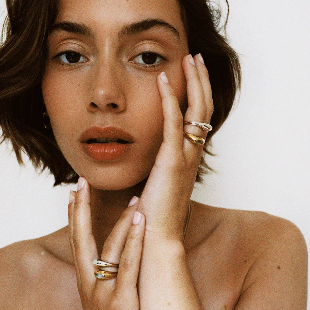 18K gold gemstone ring –  gold and silver finish, titanium steel with PVD gold plating, MINIMAL